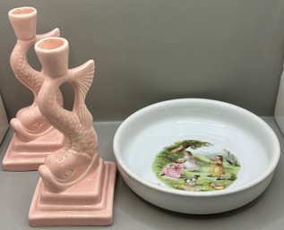 2 Pink Fish Candle Holders & Childrens Bowl