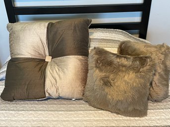 3 Throw Pillows, 1 Two-tone Square With Button Center & 2 Smaller Fuzzy