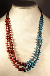 Fine Genuine Turquoise And Coral Beaded Necklace Double Strand 24' Long