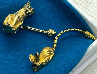 Vintage 1950s Figural CAT AND MOUSE Tie Tacks With Articulated Tails