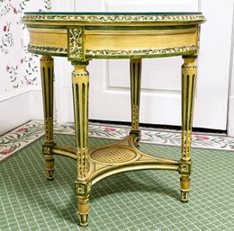 A Louis XVI Style Side Table With Cane Shelf And Drawer