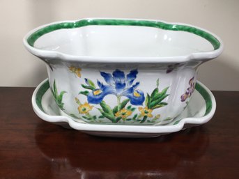 Lovely Very Large Cachepot Style Bowl / Planter With Under Plate - All Hand Painted - Very Pretty Piece