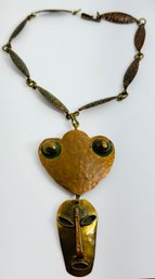 LARGE VINTAGE HAND WROUGHT COPPER MIXED METAL MASK NECKLACE - MAYA MEXICO