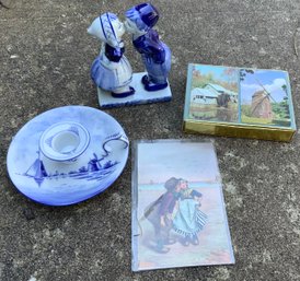 Blue Delft Lot ~ Figurine, Playing Cards, Candlestick Holder & Postcard ~