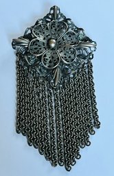 VINTAGE SILVER TONE FLOWER BROOCH WITH DANGLING TASSELS BROOCH