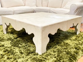 A Modern Scrolled Coffee Table In Distressed White Burlap By Frontdale