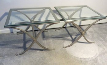 A Matching Pair Of Brushed Chrome Steel Side Tables With Beveled Glass Tops