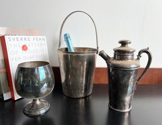 Vintage Silver Plated Barware Lot - Oversized Snifter, Ice Bucket & Cocktail Shaker