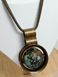 VINTAGE MARJORIE BAER SF BRASS AND TURQUOISE MODERNIST NECKLACE