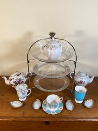 Tea Time: 3 Tier Chrome Plate Stand, 3 Porcelain Tea Kettles, 3 Assorted Tea Cups, 6 Tea Bag Rest / Holders