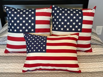 Stars & Stripes Throw Pillows. 1 Rectangular With Solid Red Back, 2 Square W/S&S On Both Sides