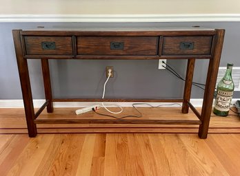 Dark Stained Oak Three Drawer Console Table By Flexsteel