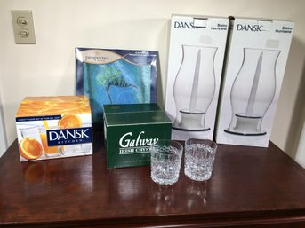 Very Nice Lot Of Houseware / Entertaining Items - Large Dansk Hurricane Lamps - Galway Crystal Rocks Glasses