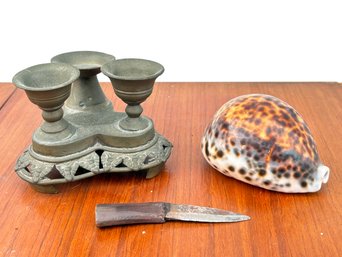 Antique Decor - Brass Candlestick, Large Shell, And Knife