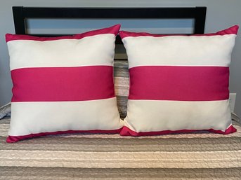 Pair Of Pink & White Large Stripe Throw Pillows