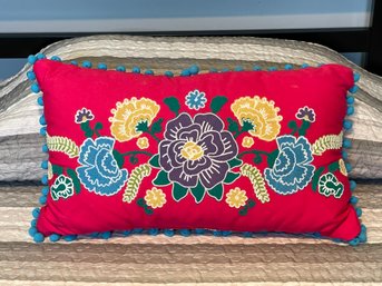 Bright Pink Embroidered Pillow With Pom Pom Tassels