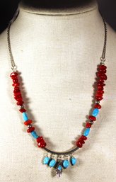 Southwestern Silver Coral And Turquoise Necklace 20' Long