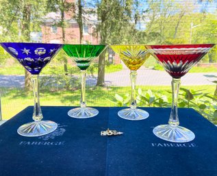 Spectacular Set Of  Four Faberge Color Flashed Cut Crystal Martini Glasses
