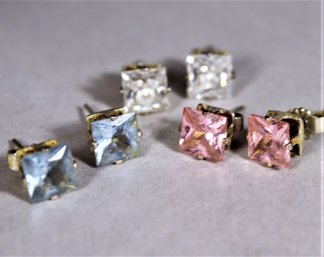 Three Pair CZ Pink, Blue And White Sterling Silver Stud Earrings