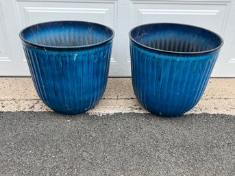 Pair Of Blue Plastic Planters