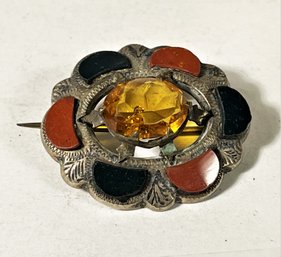 Antique Scottish Sterling Silver Pin Brooch Agate Stones And Citrine