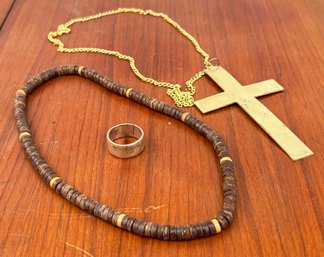 A Vintage Sterling Silver Ring, Brass Cross, And Beads