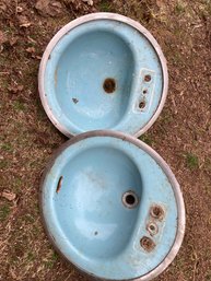 2 Older Vintage Heavy Cast Iron Sinks Blue