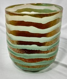 Vintage Art Glass Vase With Green And Copper Striping