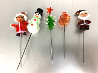 Group Of 5 Hand Blown Glass Christmas Hat Pins