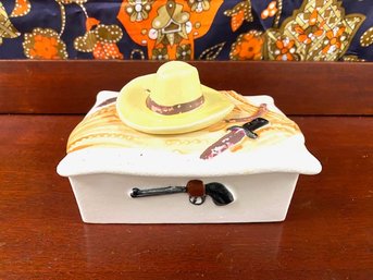 Vintage Cowboy/wild West Motif Ceramic Trinket Box W/ Lid