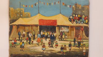 WONDERFUL SIGNED MID CENTURY MODERN OIL ON CANVAS BRAZILIAN CIRCUS PAINTING