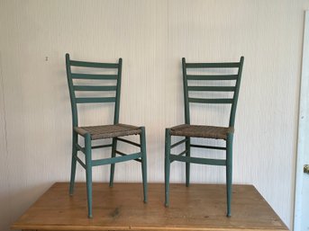 Pair Of Mid Century Italian Green Ladder Back Chair Gio Ponti Style Woven Seat