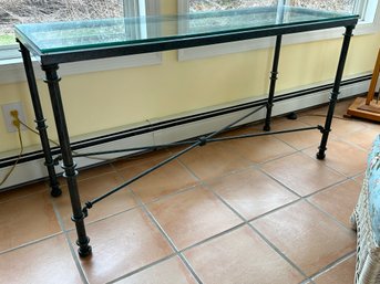 Mid-Century Modern Wrought-Iron & Glass Console Sofa Table After Giacometti