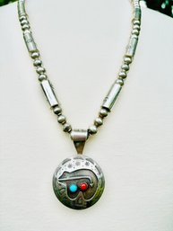 Navajo Lee Thompson RARE  Sterling Dual Sided Pendant- Round & Tubular Beaded Necklace 99 Gr (READ DESC) C