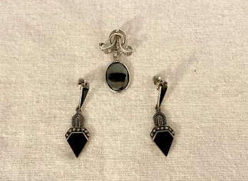 Van Dell Art Deco Style Sterling And Onyx Pendant & Compatible Sterling And Onyx Earrings