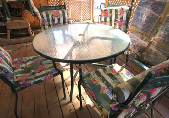 Green Metal Glass Top Green Patio Table With 4  Chairs And Cushions