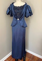 Vintage Rose Taft Couture Maxi Silk Gown Lace Mesh Rhinestone Balloon Sleeve US8