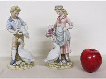 Sadek Bisque Porcelain Figures Of Boy & Girl With Geese