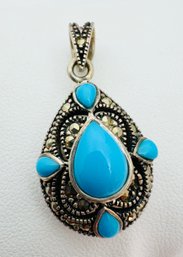 BEAUTIFUL STERLING SILVER TURQUOISE AND MARCASITE DROP PENDANT