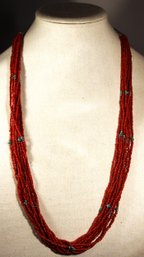 Fine Multi Strand Coral Colored Beads Having Turquoise 30' Long Necklace