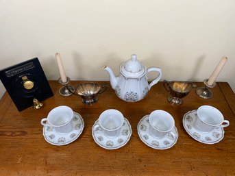 Downton Abbey Tea Pot Set For 4, Servants Hall Bell, Silver Plated Cream And Sugar Bowl, Candlestick Holders