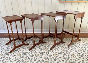 A Set Of 4 Custom Made Inlaid Burl Wood And Mahogany Nesting Tables
