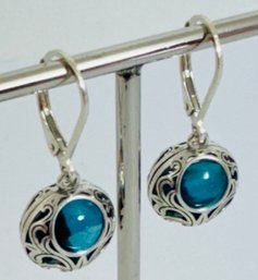 GORGEOUS STERLING SILVER ENCASED BLUE STONE DANGLE EARRINGS