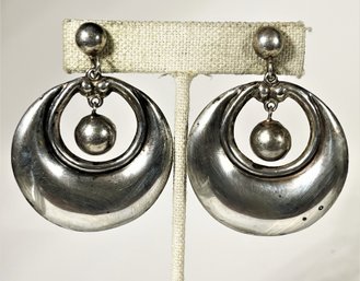 Large Mexican Sterling Silver Vintage Hoop Screw Back Earrings