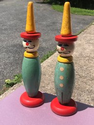 Two Vintage Wooden Clowns From Part Of Ring Toss Game - Made In France - Nice Old Paint - Folk Art Feel