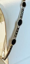 SIGNED SILVER TONE MARCASITE & BLACK STONE BRACELET