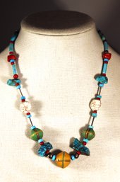 Southwestern Beaded Necklace Art Pottery And Turquoise 20' Long