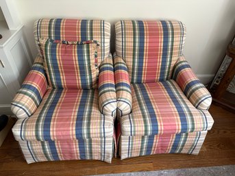 Energetic Pair Of Club Chairs Silk Plaid Fabric