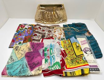 Vintage Gold Mesh Handbag & 8 Scarves, One By Oscar De La Renta, Mostly Vintage