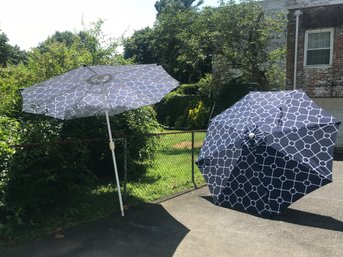 Matched Pair Of Patio Umbrellas - 8' Across - Both Open / Close Fine - Blue & White Fabric - Over Very Good !